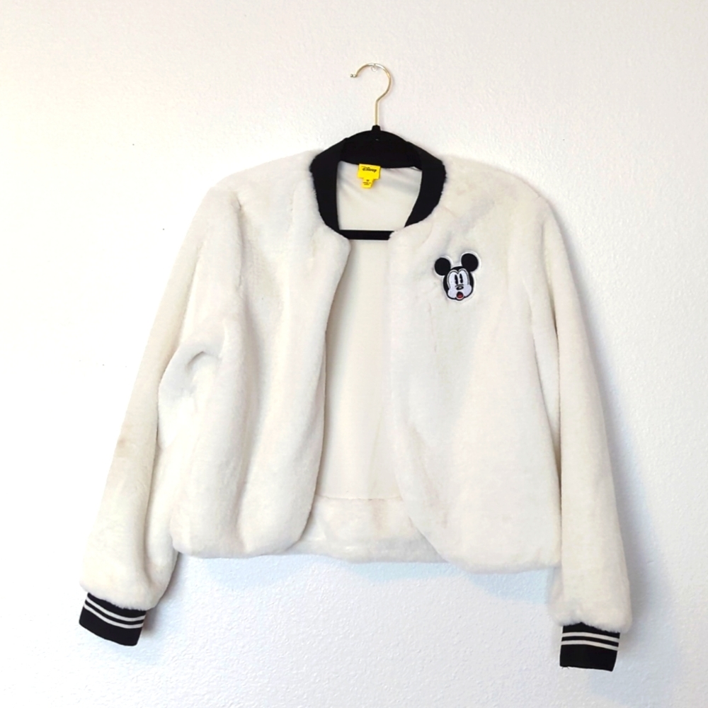 DISNEY White Faux Fur Cropped Bomber Jacket